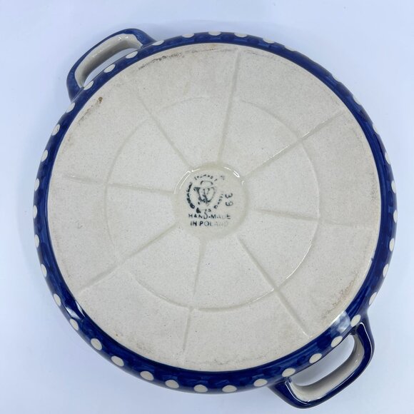 vintage polish pottery round casserole with handles "polka dot" pattern handcraf - Picture 5 of 6